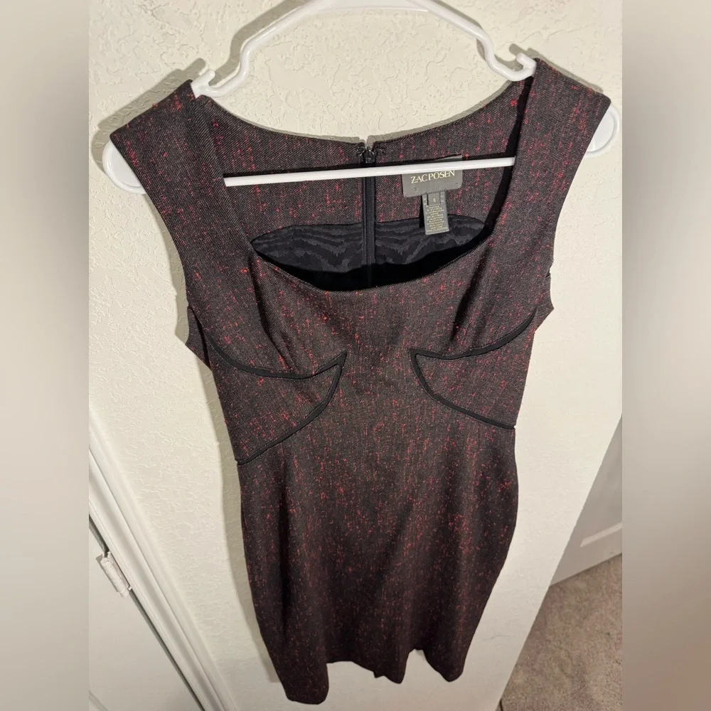 Zac Posen Wool Blend Sheath Dress Womens 8 Black Red Fleck Square Neck Silk - Picture 4 of 10